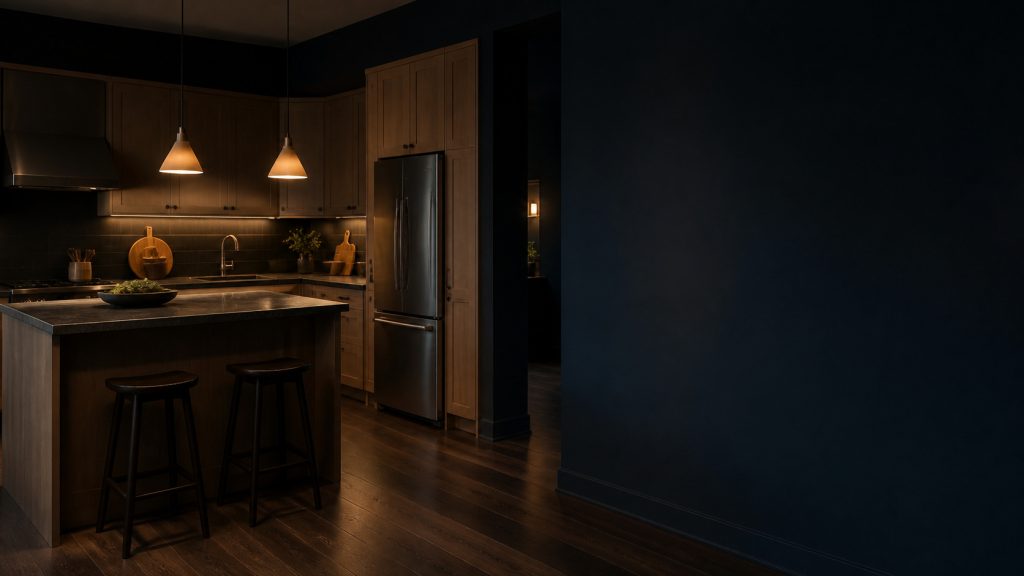 A calm dark kitchen at evening.