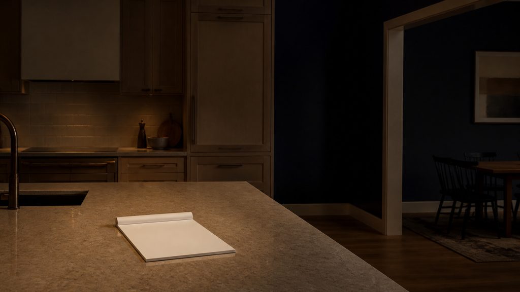 A dark kitchen with a counter cleared and a blank pad on it.