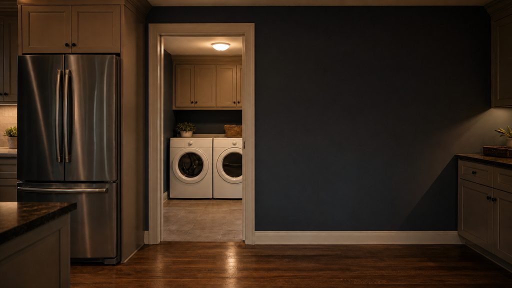 A wide view through an American kitchen into the laundry room beyond it in low warm evening light, a stainless refrigerator standing on the left and a white washing machine and tumble dryer visible through the open doorway, deep slate-blue walls and warm sand cabinetry, everything closed and plain.
