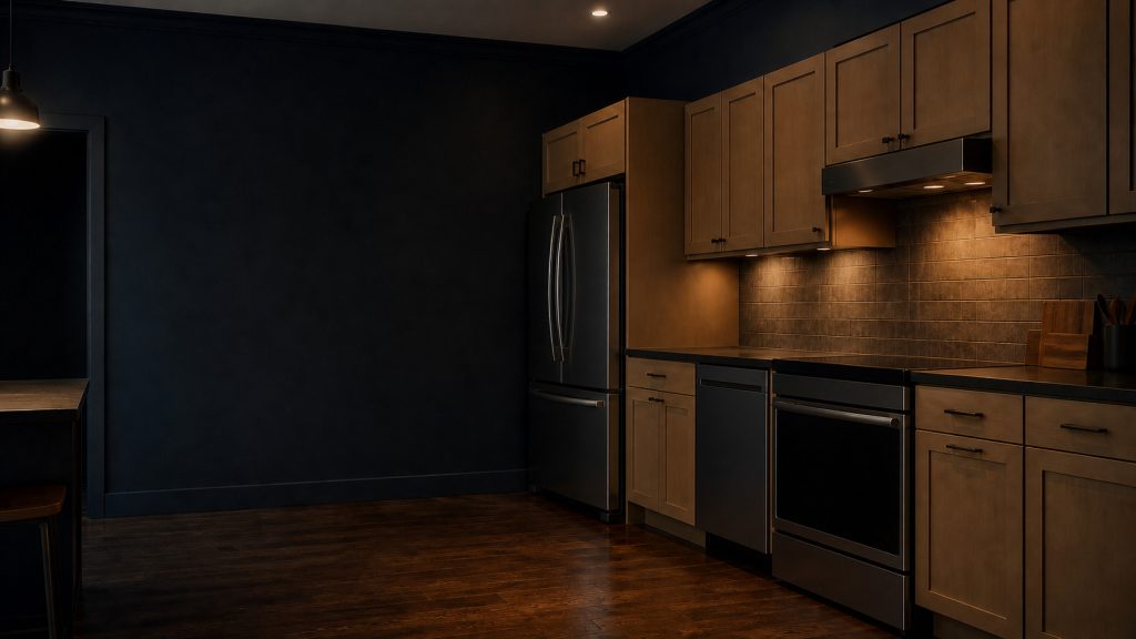 A dark kitchen with several machines along one wall.