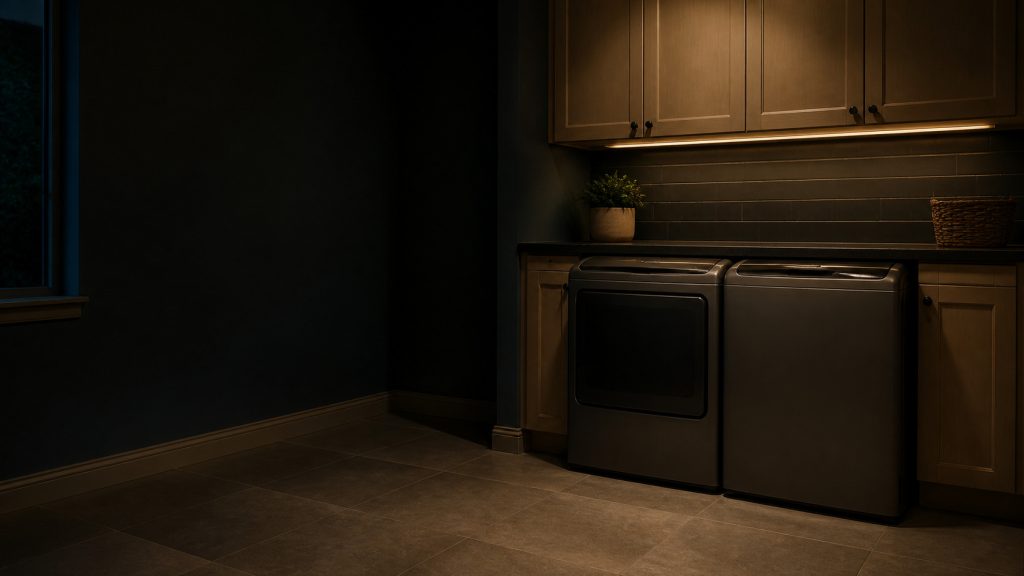 A dark laundry room at evening, calm and empty.