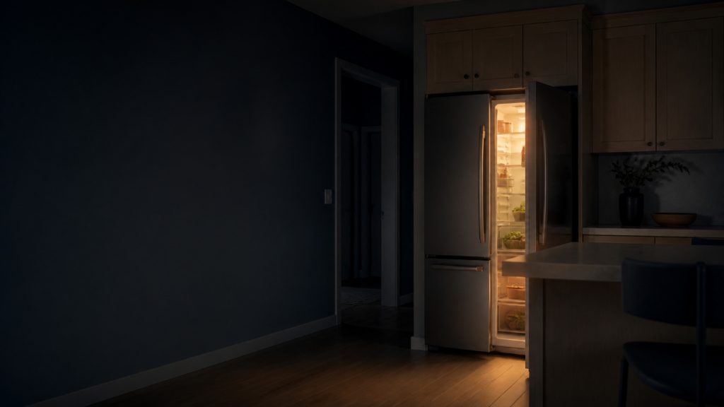 A dark American kitchen at night with one appliance throwing the only light.