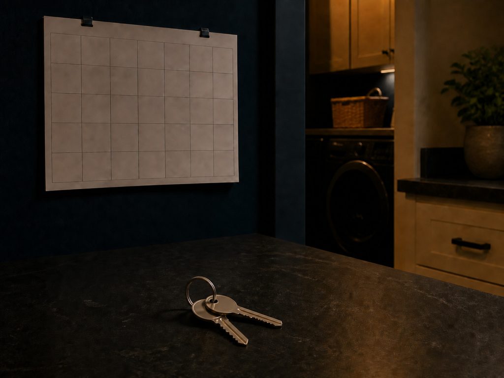Keys and a wall calendar on a dark counter.