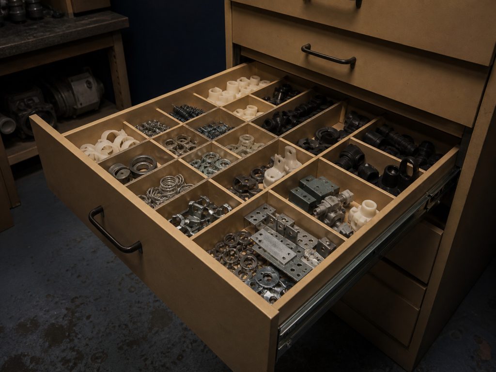 A drawer of sorted unmarked components.