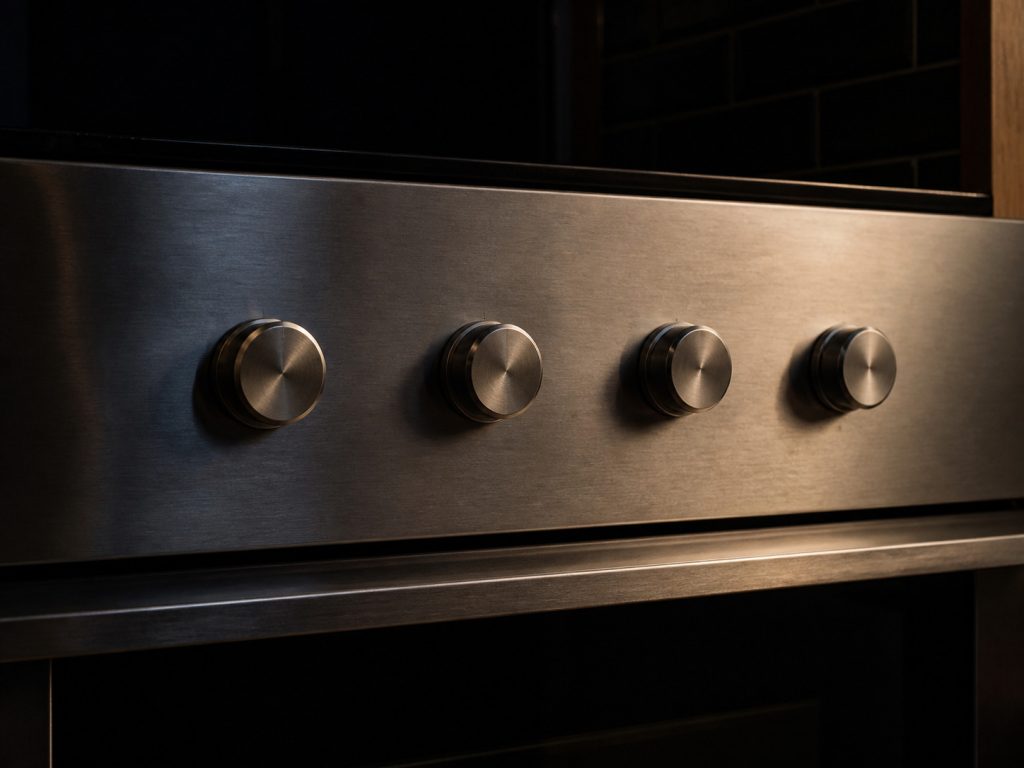 A close view of an appliance control fascia in a dark kitchen that carries nothing but four plain mechanical rotary knobs on bare brushed steel.