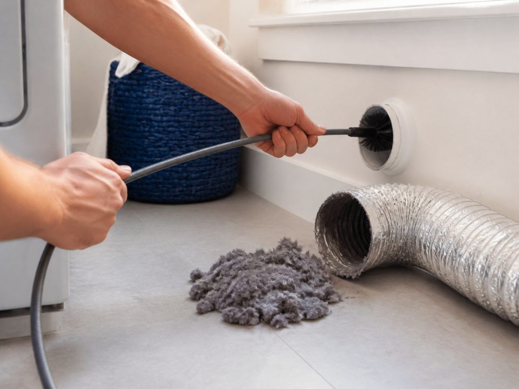 A long flexible brush fed into a disconnected dryer duct at a wall outlet, a heap of grey lint on the floor beside it