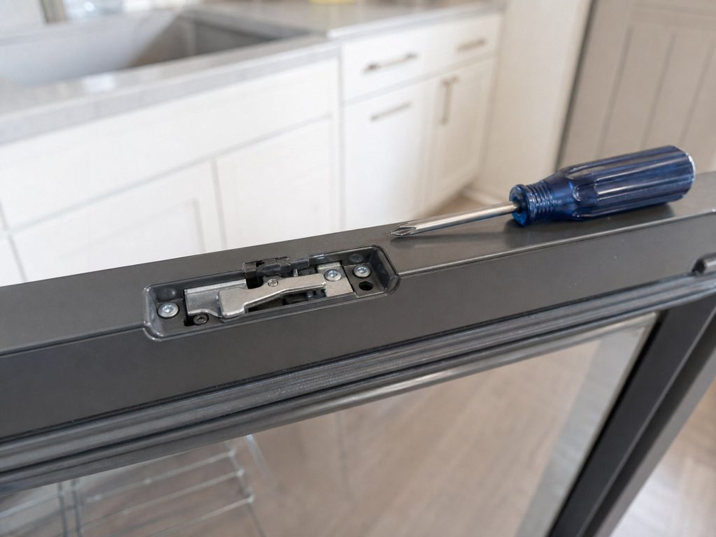 The top edge of an open oven door showing the lock latch recessed into the frame, a screwdriver resting beside it