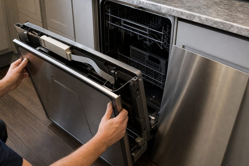 The latch and strike along the top edge of a dishwasher door.