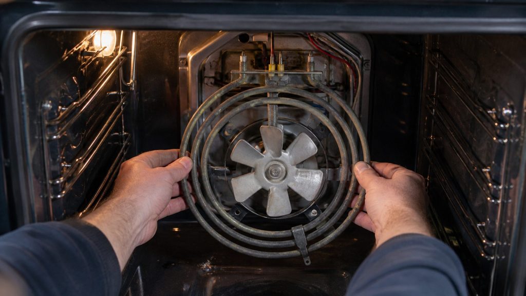 A bake element unbolted in an oven cavity
