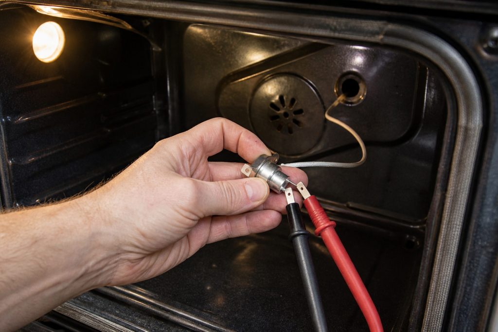 The oven sensor probe and a thermometer on the rack.