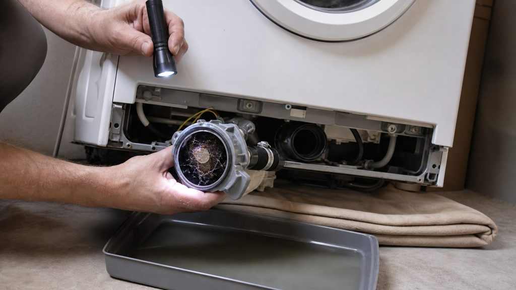 The pump filter out of a washing machine with the trapped debris beside it.