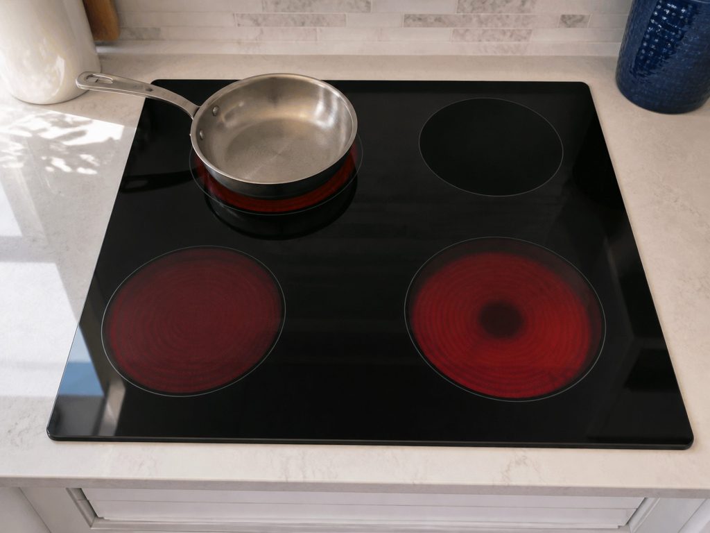 A cooktop with three zones glowing red and the one under the pan dark and cold