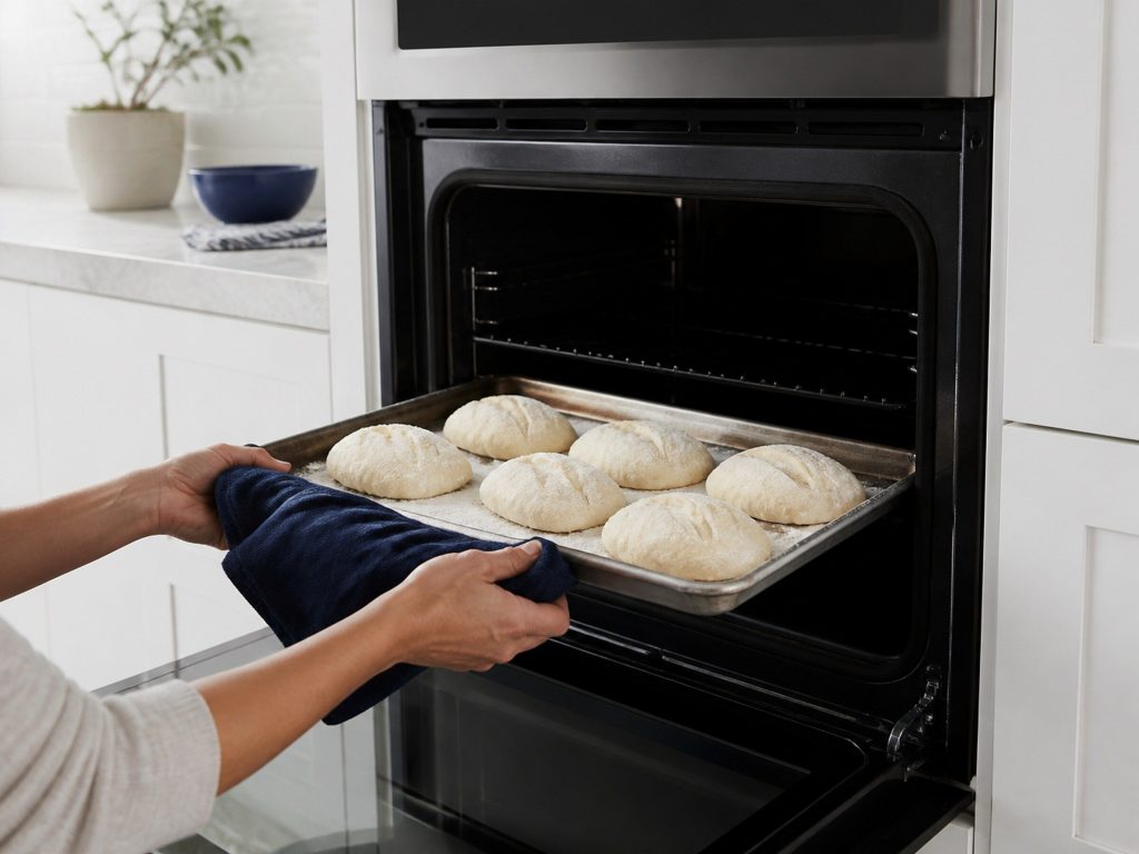 A tray of pale unbaked bread rolls being lifted out of an open wall oven, the dough still raw and the cavity cold