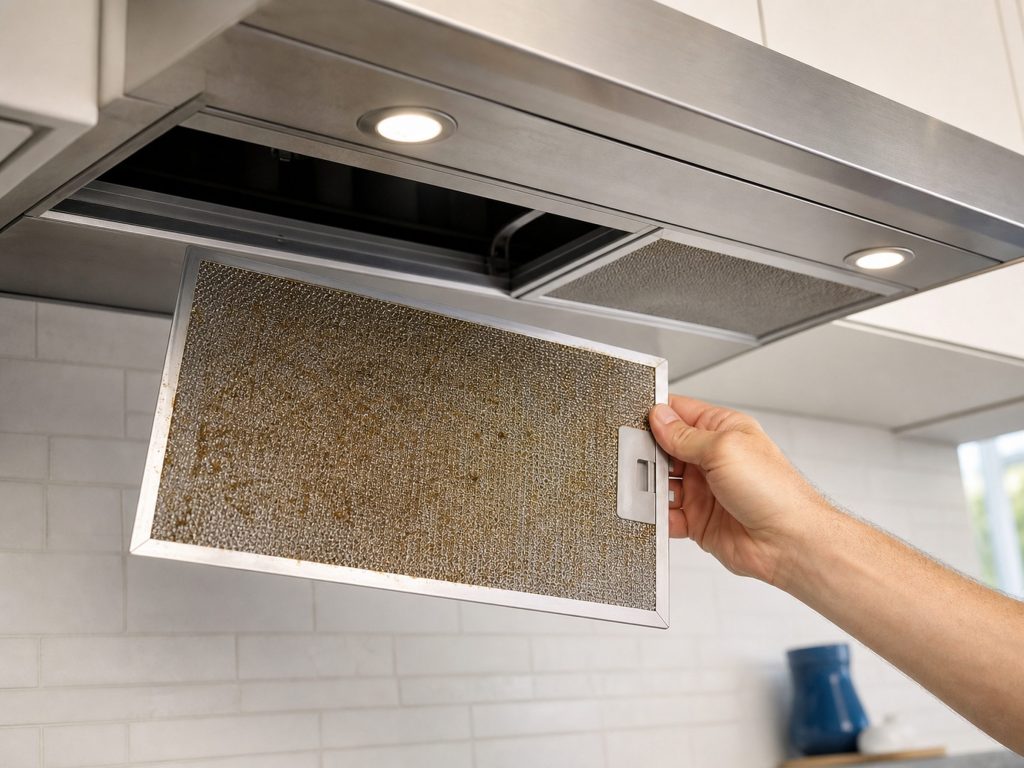 A mesh grease filter lifted out of an under-cabinet range hood, the blower housing visible above it