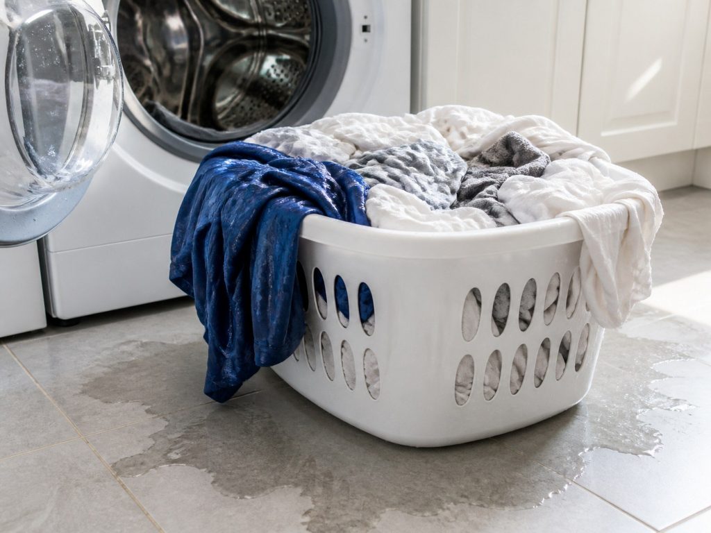 A basket of soaking wet laundry lifted out of a front-load washing machine, water darkening the tile beneath it